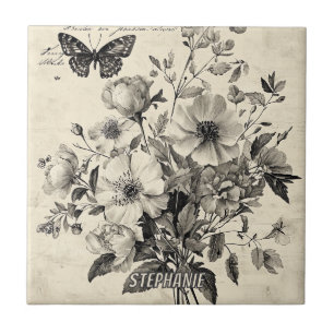 Carreau Composition florale antique - Papillon monochrome