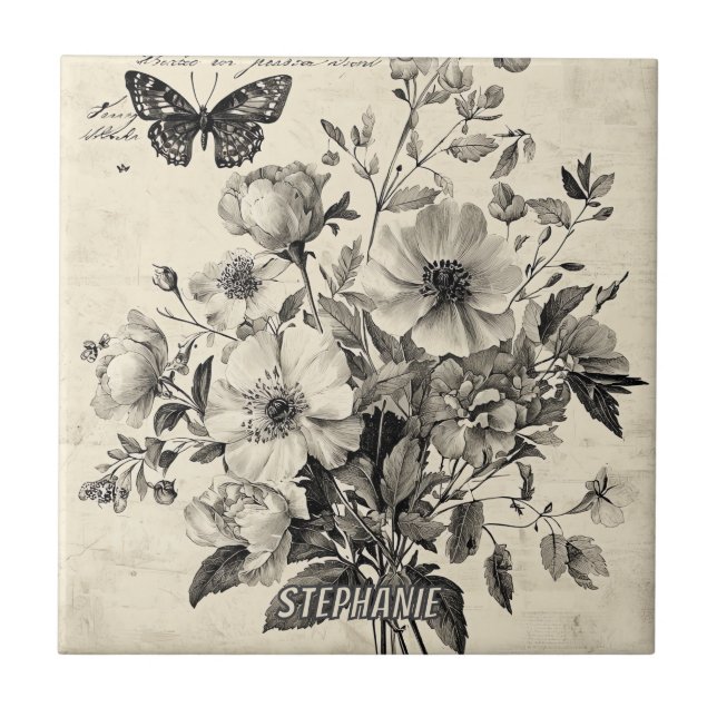 Carreau Composition florale antique - Papillon monochrome (Devant)