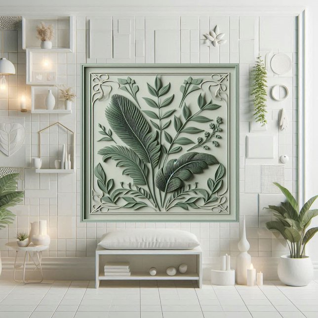 Carreau Conception botanique de feuille vert sauge Art Déc (Vintage Art Deco Sage Green Leaf Botanical Design Ceramic Tile)