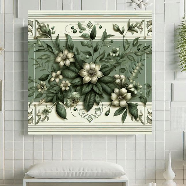 Carreau Conception botanique de flore verte sauge Art Déco (Vintage Art Deco Sage Green Ceramic Tile)
