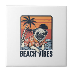 Carreau Conception de gravure vintage pug ambiance plage_1