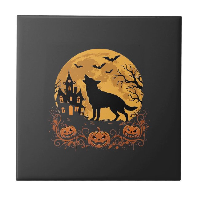 Carreau Conception de lune de Halloween de berger allemand (Devant)