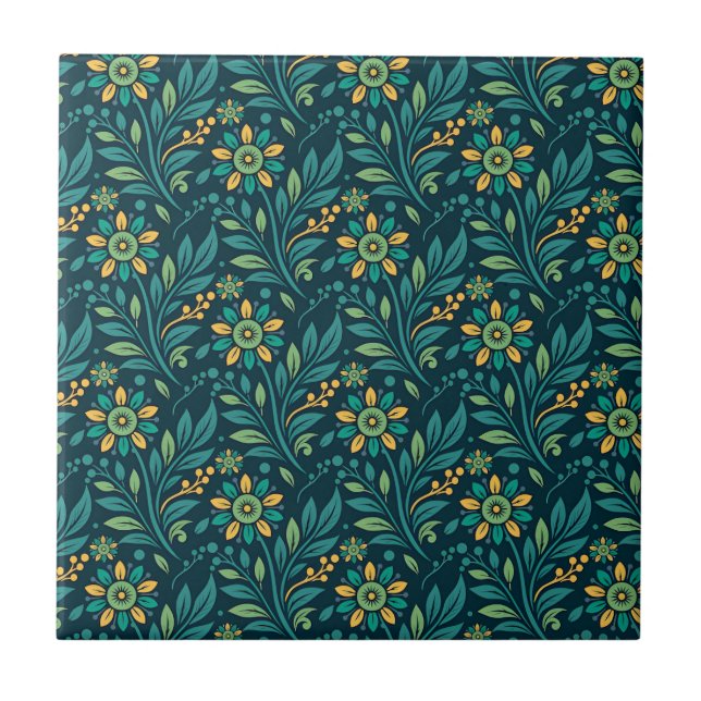 Carreau Conception de motif floral élégant jaune et sarcel (Devant)