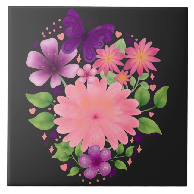 Carreau Conception de papillon floral rose à l'aquarelle  (Devant)