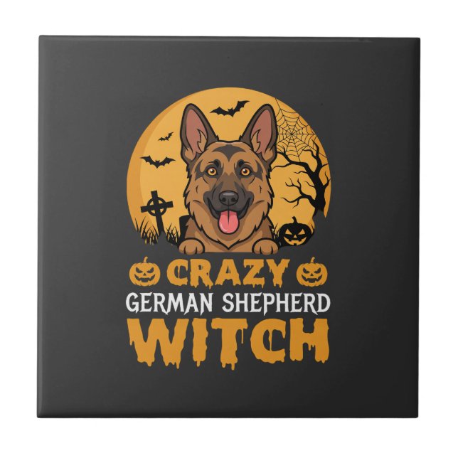 Carreau Conception de sorcière berger allemand fou Hallowe (Devant)