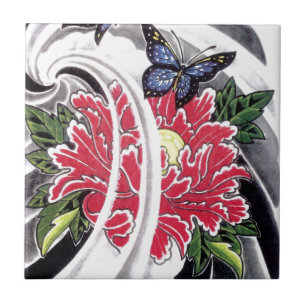 Carreau Conception de tatouage de fleur de pivoine et de p