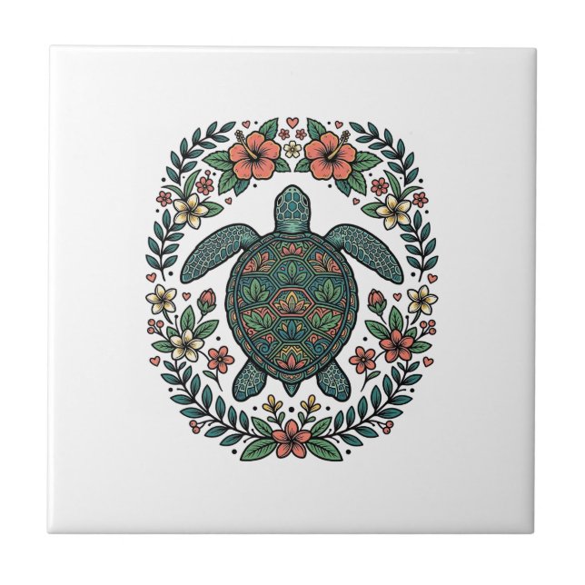 Carreau Conception de vecteur floral de tortue de mer vint (Devant)