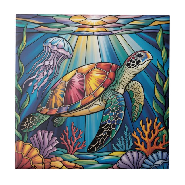 Carreau Conception vibrante de tortue marine en verre colo (Devant)