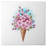 Carreau Cône rose Sakura crème glacée gaufre<br><div class="desc">Cône gaufre douce avec fleurs de cerisier japonais rose frais sur arrière - plan blanc avec stries d'aquarelle bleue. Cerise japonaise rose.</div>