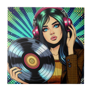 Carreau Cool Pop Art Comic Style Girl avec Album de Vinyl