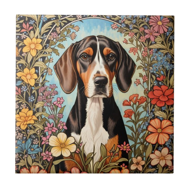 Carreau Coonhound Élégant Fleur Colorée (Devant)