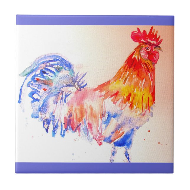 Carreau Coq Aquarelle Rouge Jaune Bleu Poulet (Devant)