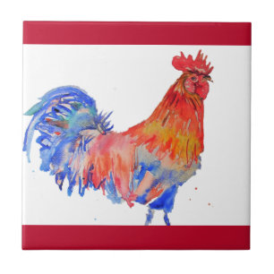 Carreau Coq Aquarelle Rouge Jaune Bleu Poulet