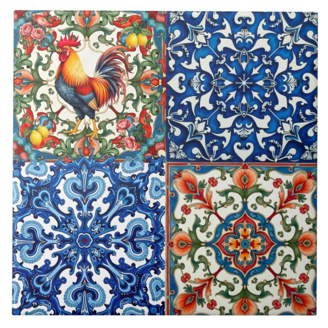 Carreau Coq coloré, Méditerranée, mosaïque, citron, (Devant)