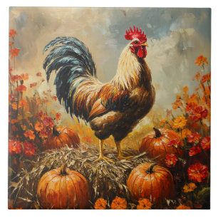 Carreau Coq d'automne avec citrouilles