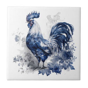 Carreau Coq de style Delft bleu et blanc avec fleurs