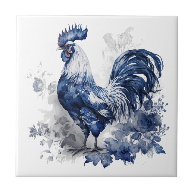 Carreau Coq de style Delft bleu et blanc avec fleurs (Devant)