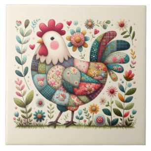 Carreau Coq en patchwork folklorique avec accents floraux