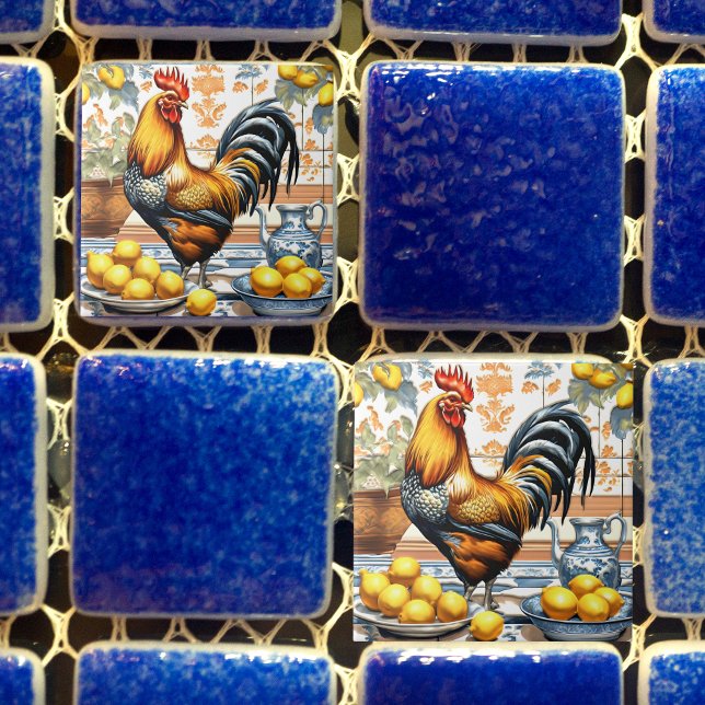 Carreau Coq et citrons dans le style Azulejo bleu orange c (Créateur téléchargé)