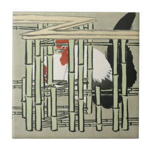 Carreau Coq Japonais Vintage Derrière une Clôture en Bambo