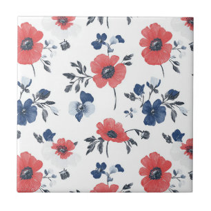 Carreau Coquelicot de corail Navy Blue Floral Botanique