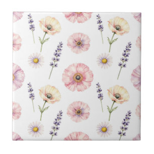 Carreau Coquelicot rose lavande marguerite aquarelle flora