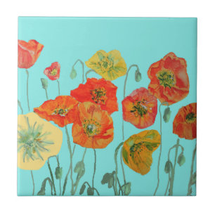 Carreau Coquelicot Rouge Orange Motif de Fleur Aquarelle