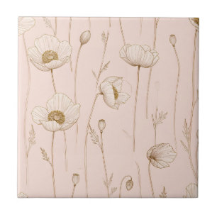 Carreau Coquelicots Or Antique sur Botanique Rose Pâle