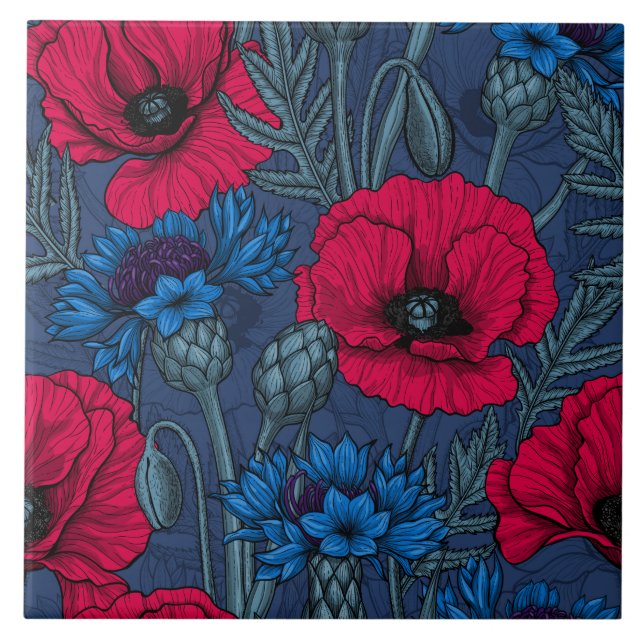 Carreau Coquelicots rouges et fleurs bleues sur bleu (Devant)
