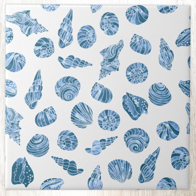 Carreau Coquillage Aquarelle Marin Côté Bleu (Sea shell watercolor nautical coastal pattern blue and white ceramic tile)