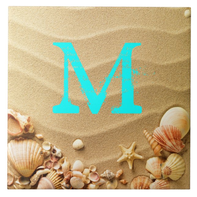 Carreau Coquillages de plage Hawaii Sable Monogramme Displ (Devant)