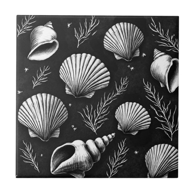 Carreau Coquillages et algues en noir et blanc (Devant)