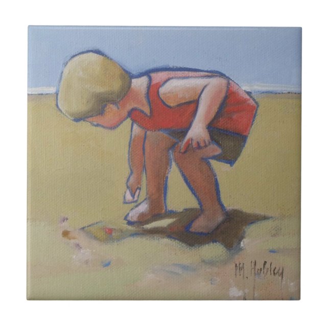 Carreau Coquille de garçon de plage de sable à la recherch (Devant)