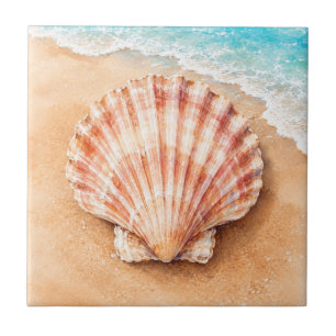 Carreau Coquille Saint-Jacques à l'aquarelle sur la plage