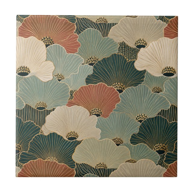 Carreau Coquilles Saint-Jacques Art déco Terracotta bleu m (Devant)