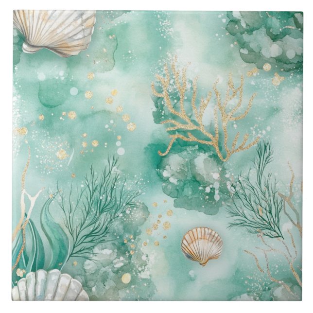 Carreau Corail et coques sous-marins en Aquarelle Turquois (Devant)