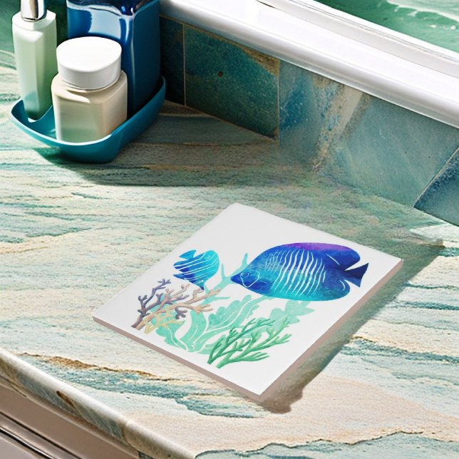 Carreau Corail Reef Poisson Aquarelle Style Marine Vie Art (Ocean Reef fish tile in bathroom setting product mockup)
