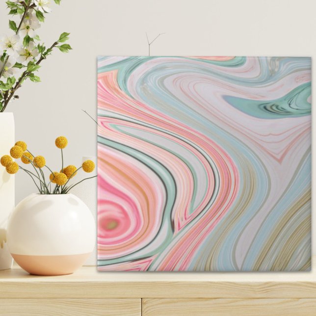 Carreau corail rose vif menthe vert arc-en-ciel tourbillon (blush pink coral mint green rainbow marble swirls ceramic tile)