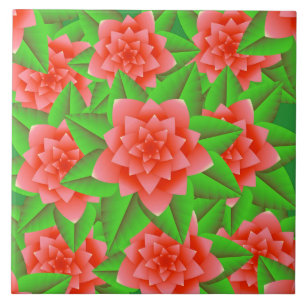 Carreau Coral Orange Camellias et Feuilles verts