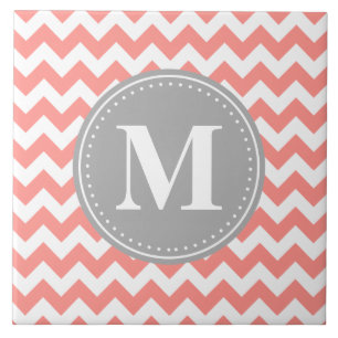 Carreau Coral rose Chevron Zigzag Gris Monogramme