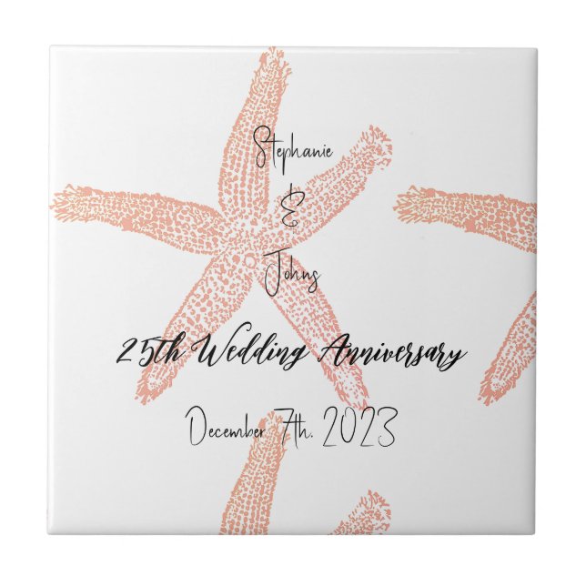 Carreau Coral Starfish 25e anniversaire Mariage Monogramme (Devant)