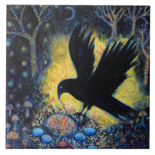 Carreau Corbeau nocturne avec nid et œufs