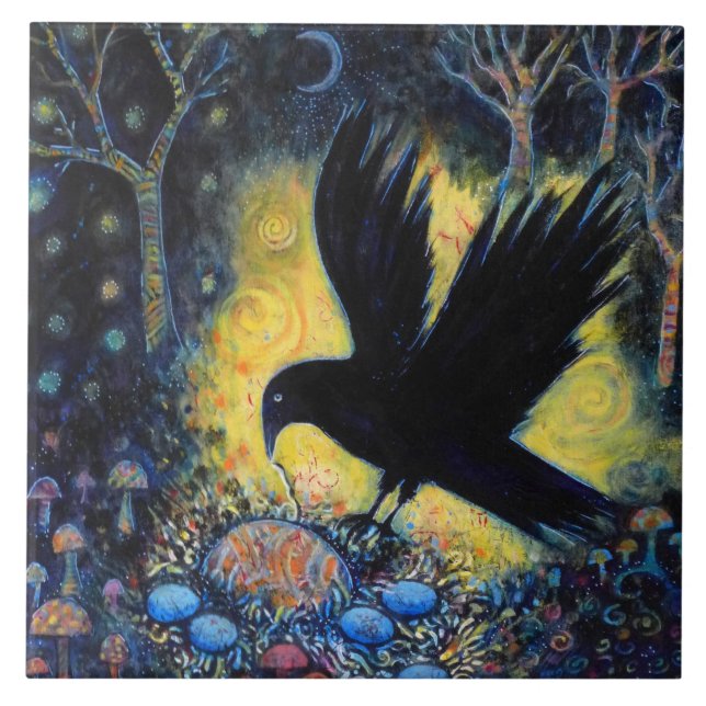 Carreau Corbeau nocturne avec nid et œufs (Devant)
