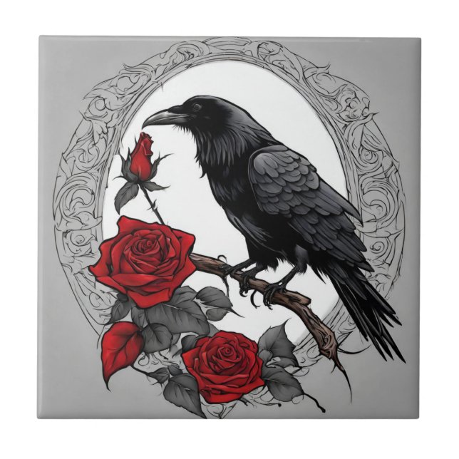 Carreau Corbeau noir gothique aux roses rouges (Devant)