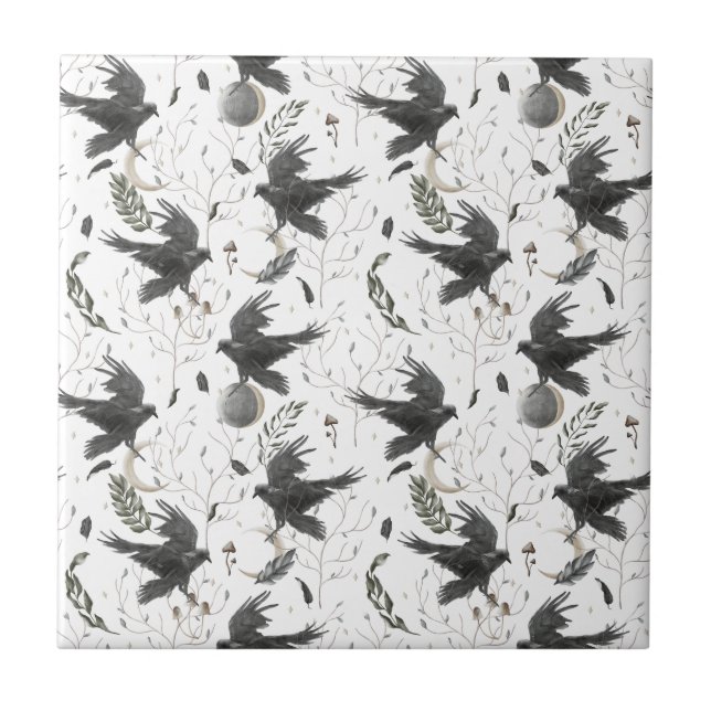 Carreau Corbeau noir, lune et Plante sauvage (Devant)