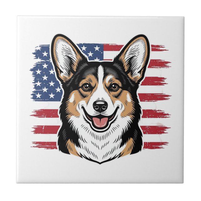 Carreau Corgi Patriotique Drapeau Américain Design Vectori (Devant)