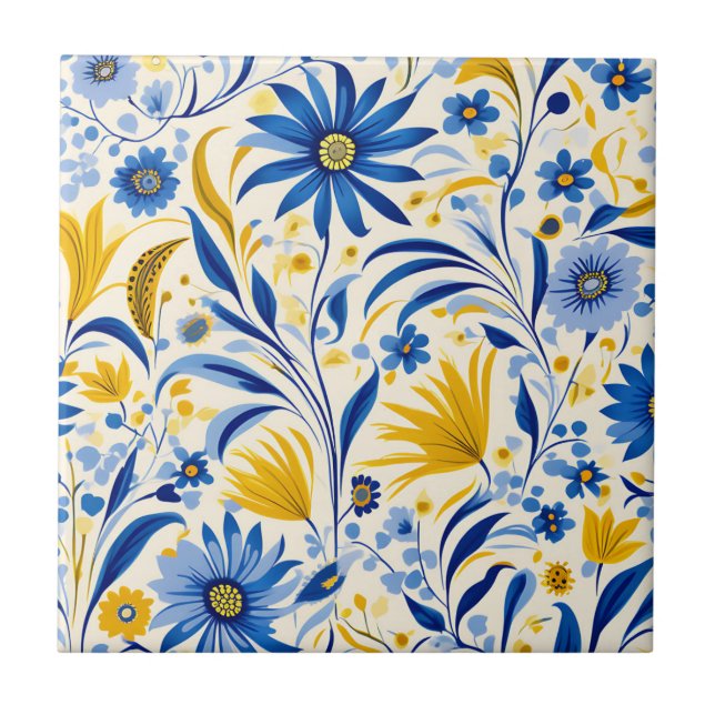 Carreau Cornflower Blue et Jaune Feuille Motif (Devant)