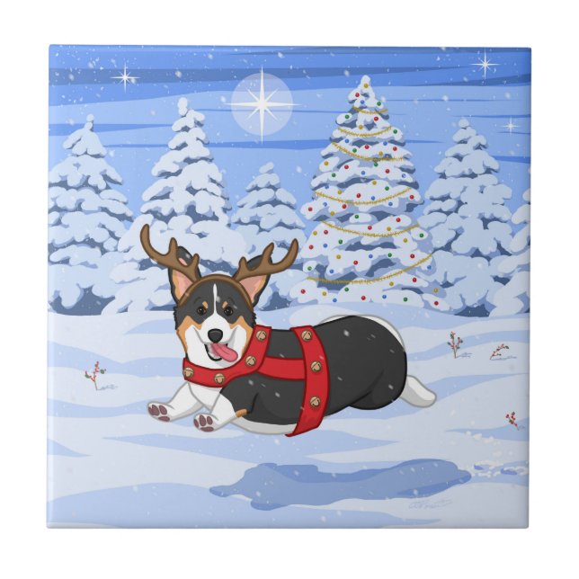 Carreau Costume de renne de Noël Corgi noir mignon (Devant)