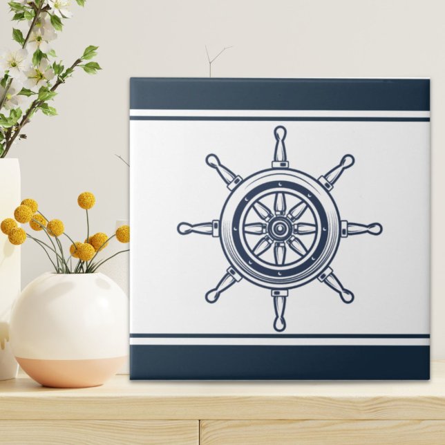 Carreau Côte Blue Beach House Bateau Bateau Helm Nautique (Coastal Blue Beach House Boat Ship Helm Nautical Ceramic Tile)