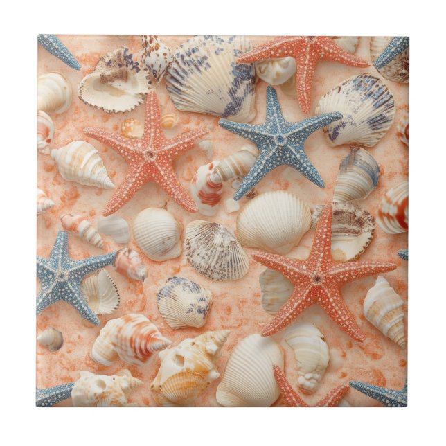 Carreau Côtière rustique - Coquillages, Poissons étoilés,  (Devant)